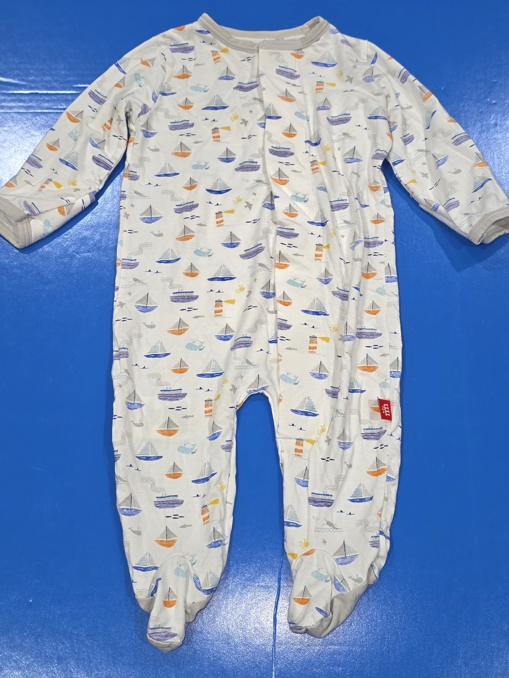 Magnetic Me White Footed One-Piece with Blue & Orange Sailboats Newborn